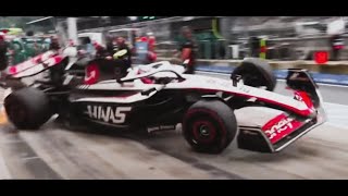 Nico Hulkenberg drives over a wheel after getting released in the pits at the Austrian Grand Pix