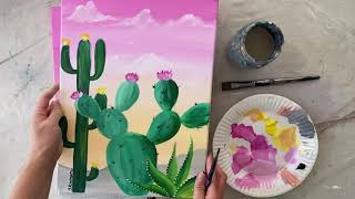 “Desert Golden Hour” Easy Cactus Sunset Acrylic Painting Tutorial