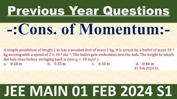 A simple pendulum of length 1 m has a wooden bob of mass 1 kg. It is struck by a bullet of mass