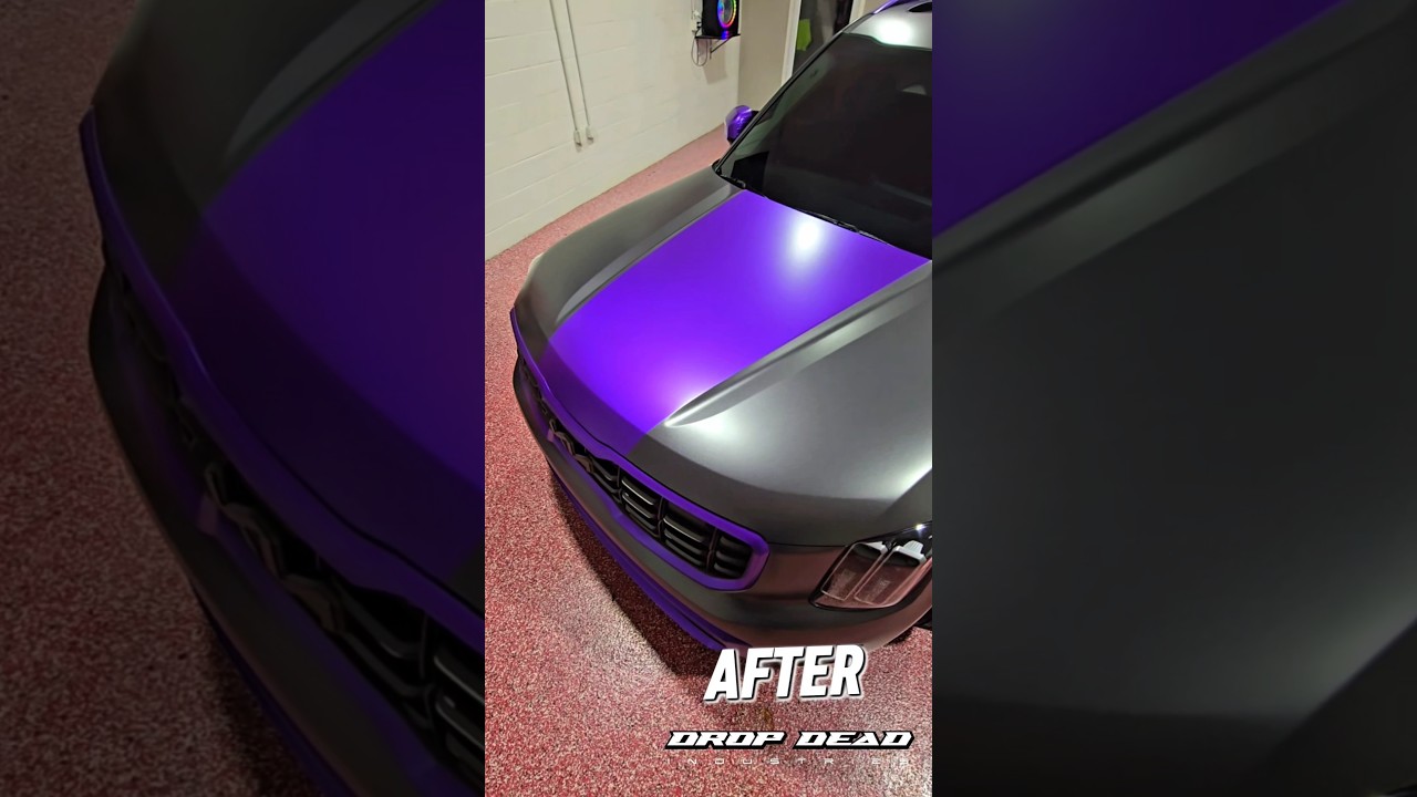 Kia Telluride full wrap in Avery Denison  Satin Dark Grey, chrome delete in Satin Purple Metallic