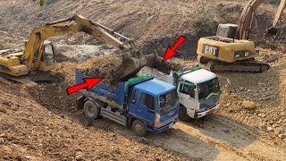 Episode 53! Excavator Cat Clearing Mud Loading Dump Trucks And Bulldozer & Dump Trucks Filling Stone