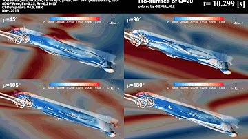 Self-Propelled Free-Running 5415M in Irregular Waves with Active Fins and Rudders: Vortices