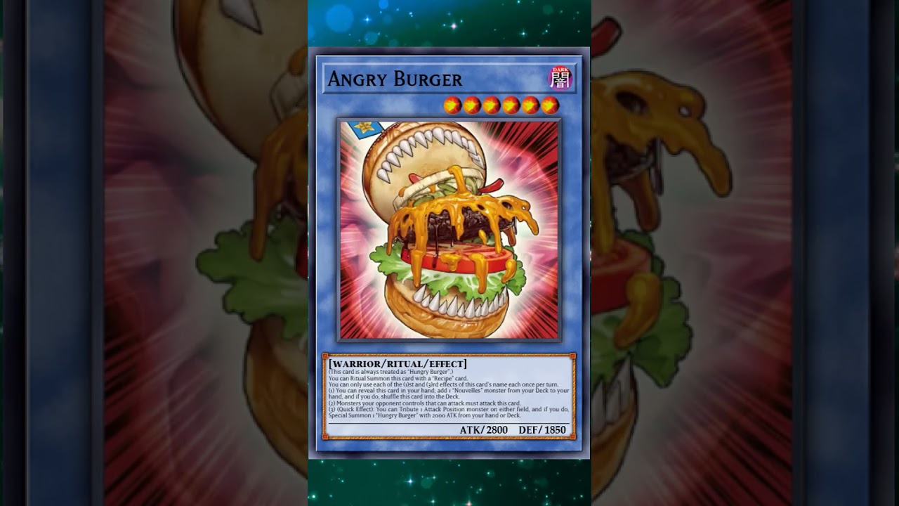 burger yugioh card Hungry - WISU-EN041 - Super Rare TypeWarrior / Ritual Monster AttributeDARK Level / Rank6 ATK / DEF2000 / 1850 Card TextThis monster can only be Ritual Summoned with the Ritual Magic Card hungry burger deck yugioh Support!