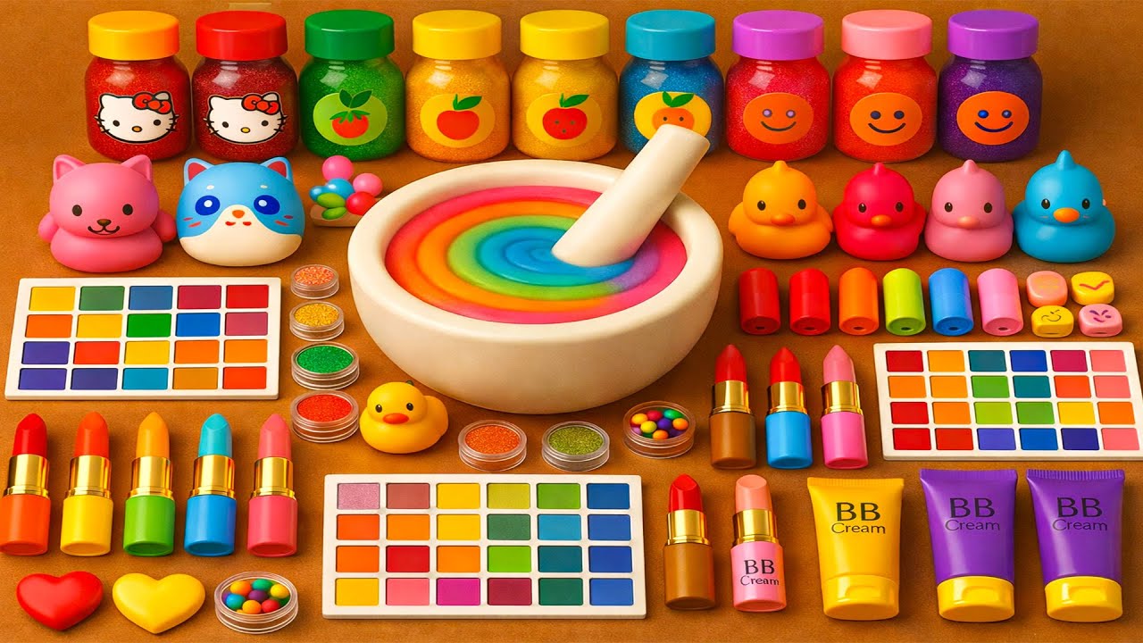 ASMR Slime Satisfatório 🌈 DIY Como Fazer Slime Arco-Íris com Maquiagem, Sombras, Brinquedos, Glitter