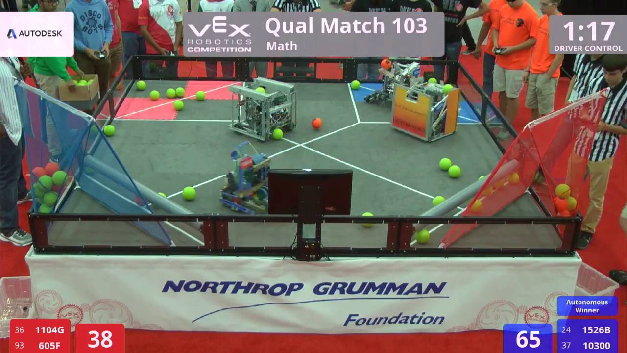 VEX Worlds 2016 - VRC High School - Math - Qual 103 (1104G 605F) 169 vs 205 (1526B 10300)