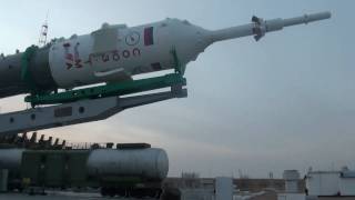 A close-up view of the Soyuz on the launch pad