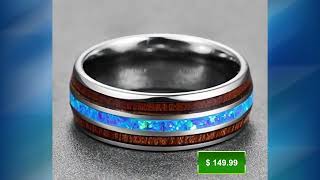 Tungsten Ring. Tungsten Blue-Green Opal with Koa Wood Grain Tri inlay Ring Tungsten 8 mm Ring.