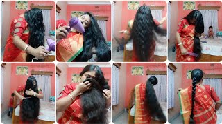 I Wore Red Saree And Wet Hair Drying With Hair Dryerdry Hair Combing&Smellingmake A Ponytail Braid