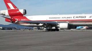 Shanghai Airlines Cargo MD-11 taxi & China Airlines Boeing 747 takeoff at LAX