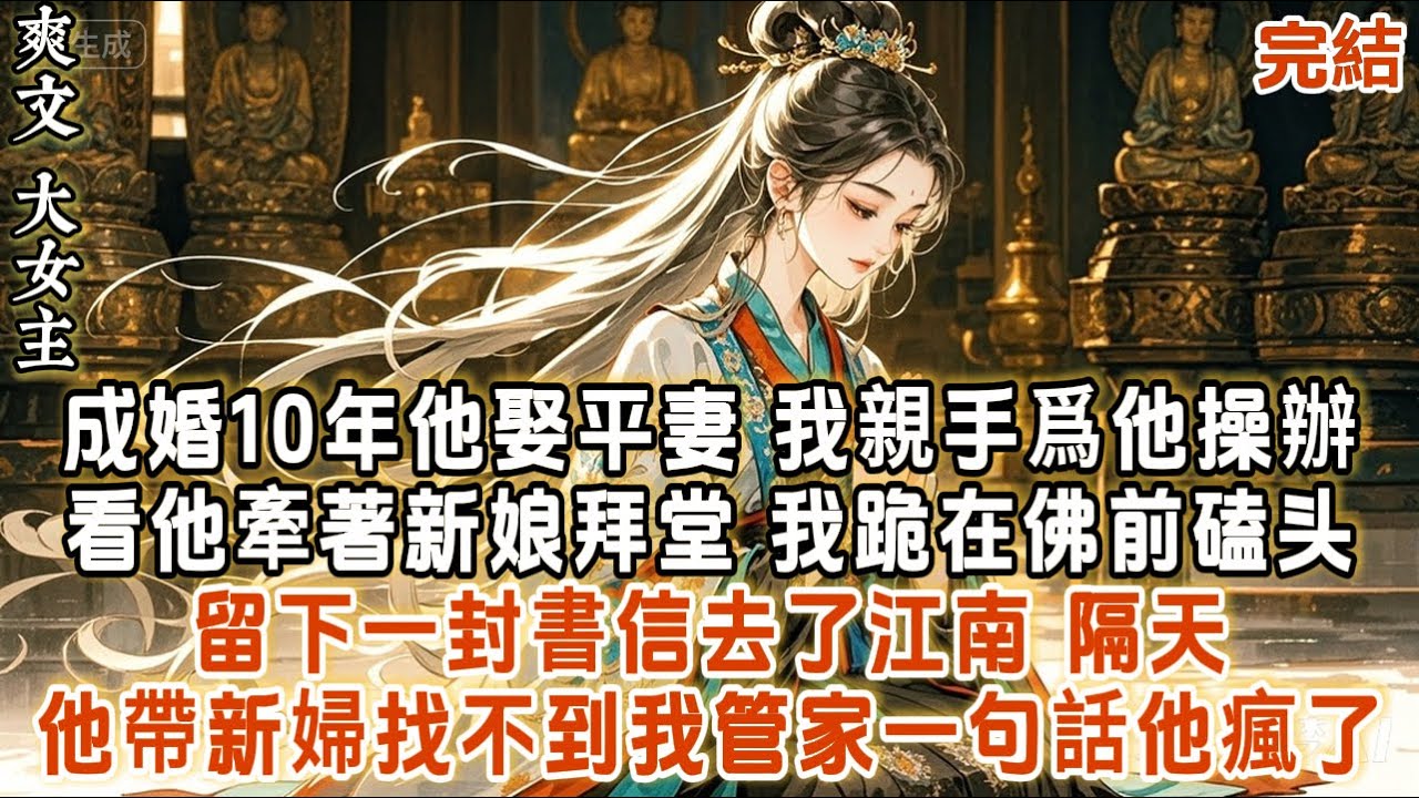 成婚10年他娶平妻 我親手爲他操辦。看他牽著新娘拜堂我跪在佛前磕头留下一封書信去了江南，隔天他帶新婦找不到我管家一句話他瘋了 #古言 #故事分享 #爽文 #完结小说