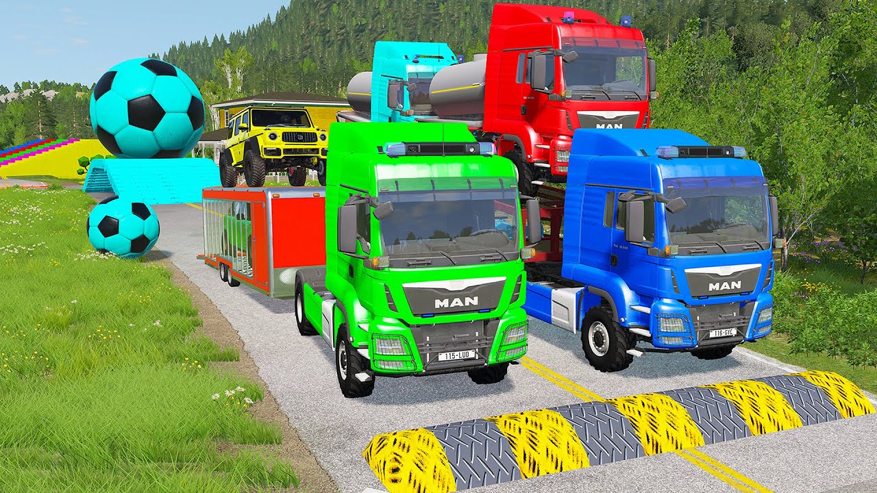 Двойной прицеп-платформа против «лежачих полицейских» Поезд против машин | Тягач против поезда Be...