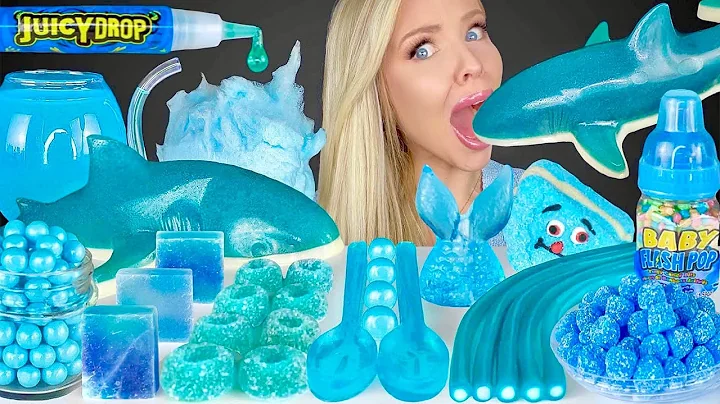 ASMR Blue Food, Blue Razz Gummy Shark, Sour Strips...