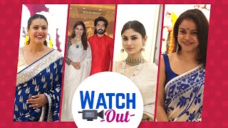 Watch Out Kajol Devgan Looks Stunning In A Blue Sareemouni Roy Debina Bonnerjee Spotted At Pandal