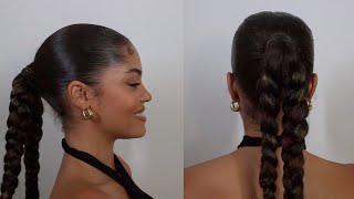 GRWM FOR MY FIRST CONCERT| SLEEK BACK 2 BRAID PONYTAIL ON CURLY HAIR