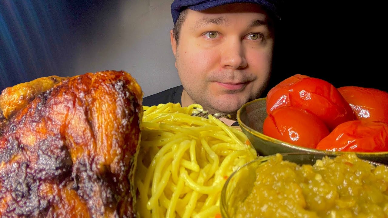 ASMR Mukbang Pasta, Juicy Chicken & Pepper Sauce with Pickled Tomatoes