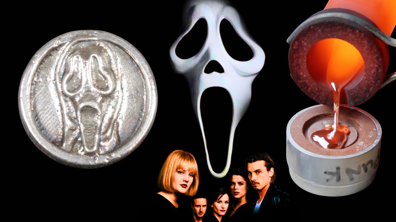 Silver Pouring making a bullion coin round Scream mask design