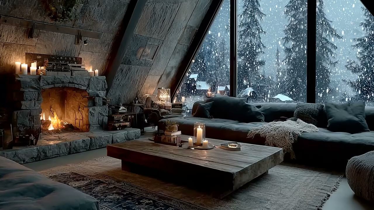 Warm Fireplace  Relaxing Holiday Ambience with Snowfall