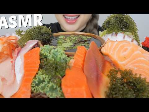 ASMR *Assorted Fresh SASHIMI and Seagrapes with Spicy Thai Seafood Sauce | N.E Let's Eat