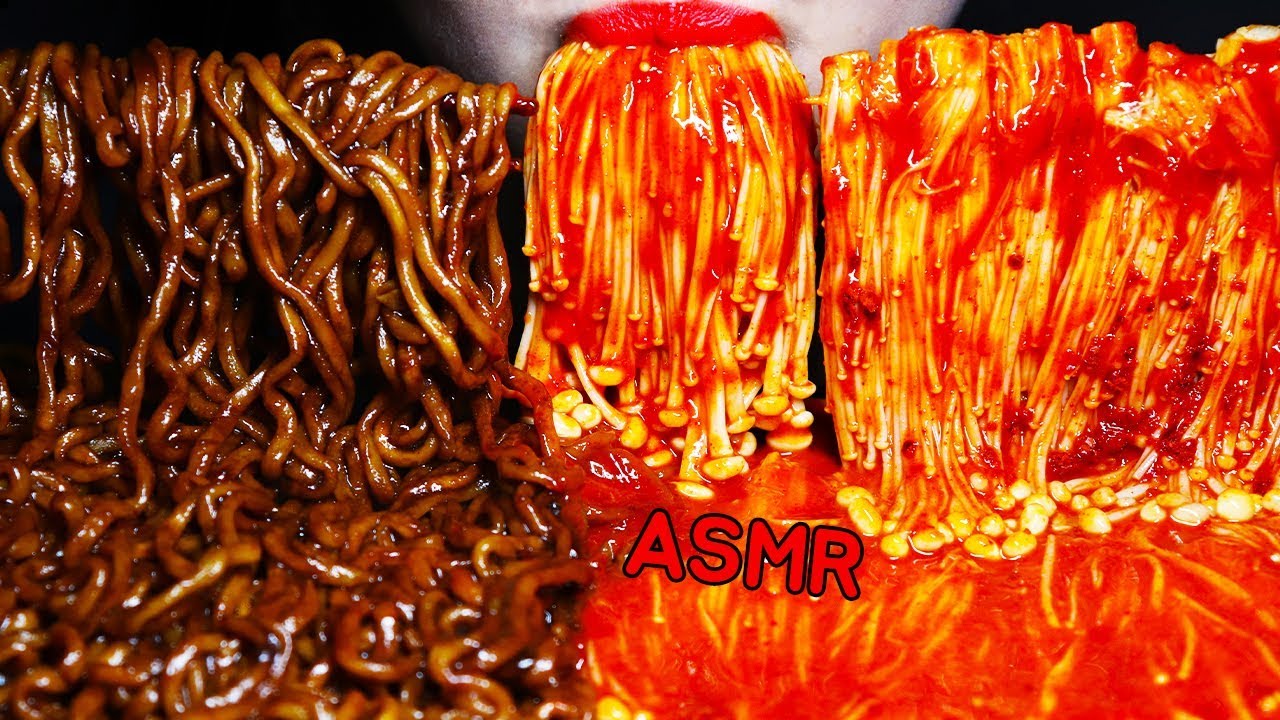 ASMR त्वरित नूडल, कुकुरमुत्ता Jjajangmyeon jamur pedas Spicy Enoki Mushroom 매운 팽이버섯 짜장라면  NO TALKING