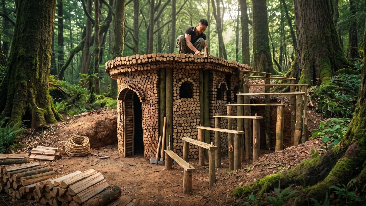 Solo Bushcraft Survival 🪵 Building a Strong Wooden Shelter from Scratch ...