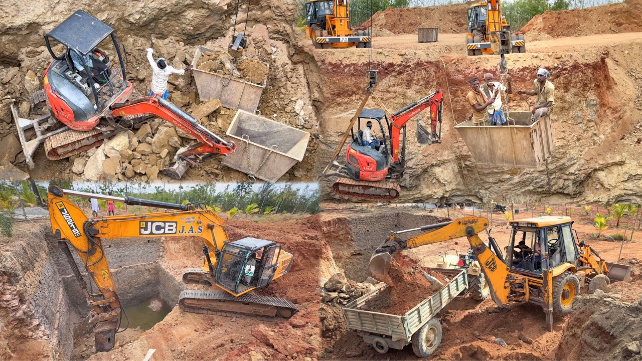 JCB 215 and 30 Excavator with Crane Digging inside Well pouring out ...