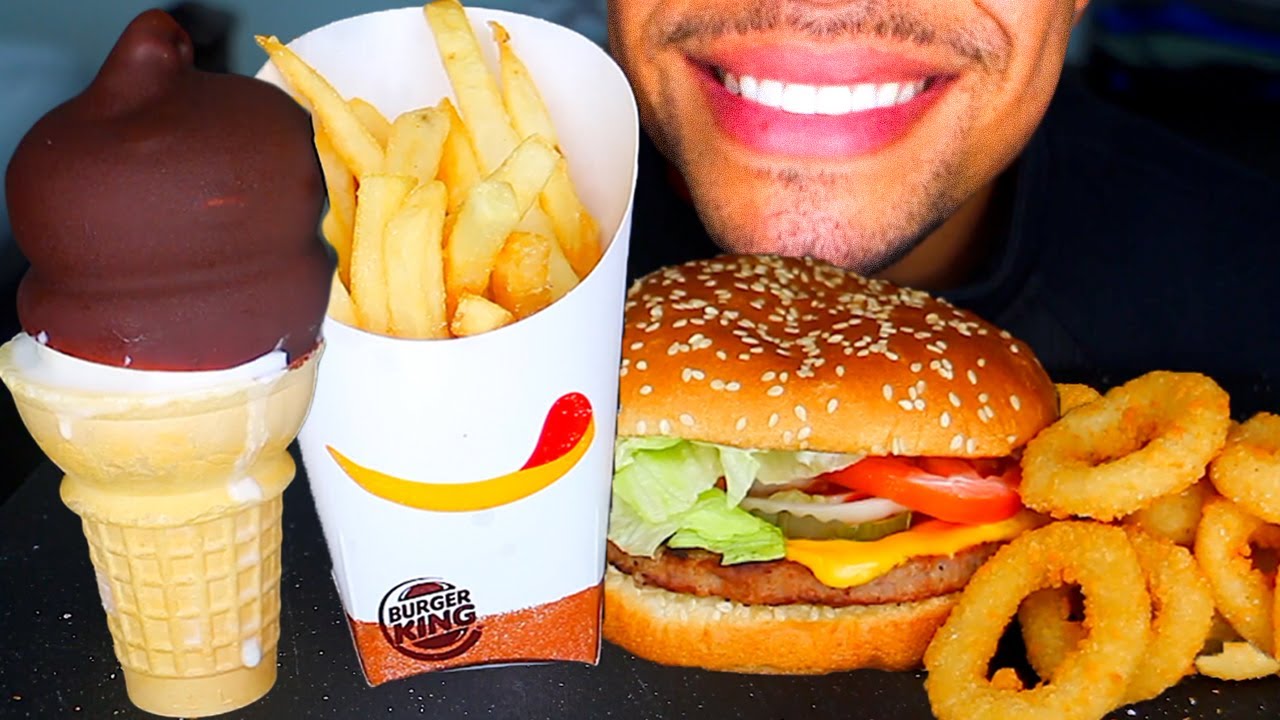 ASMR BURGER KING CHOCOLATE DIPPED ICE CREAM CONE CHEESEBURGER FRIES ONION RINGS EATING SHOW