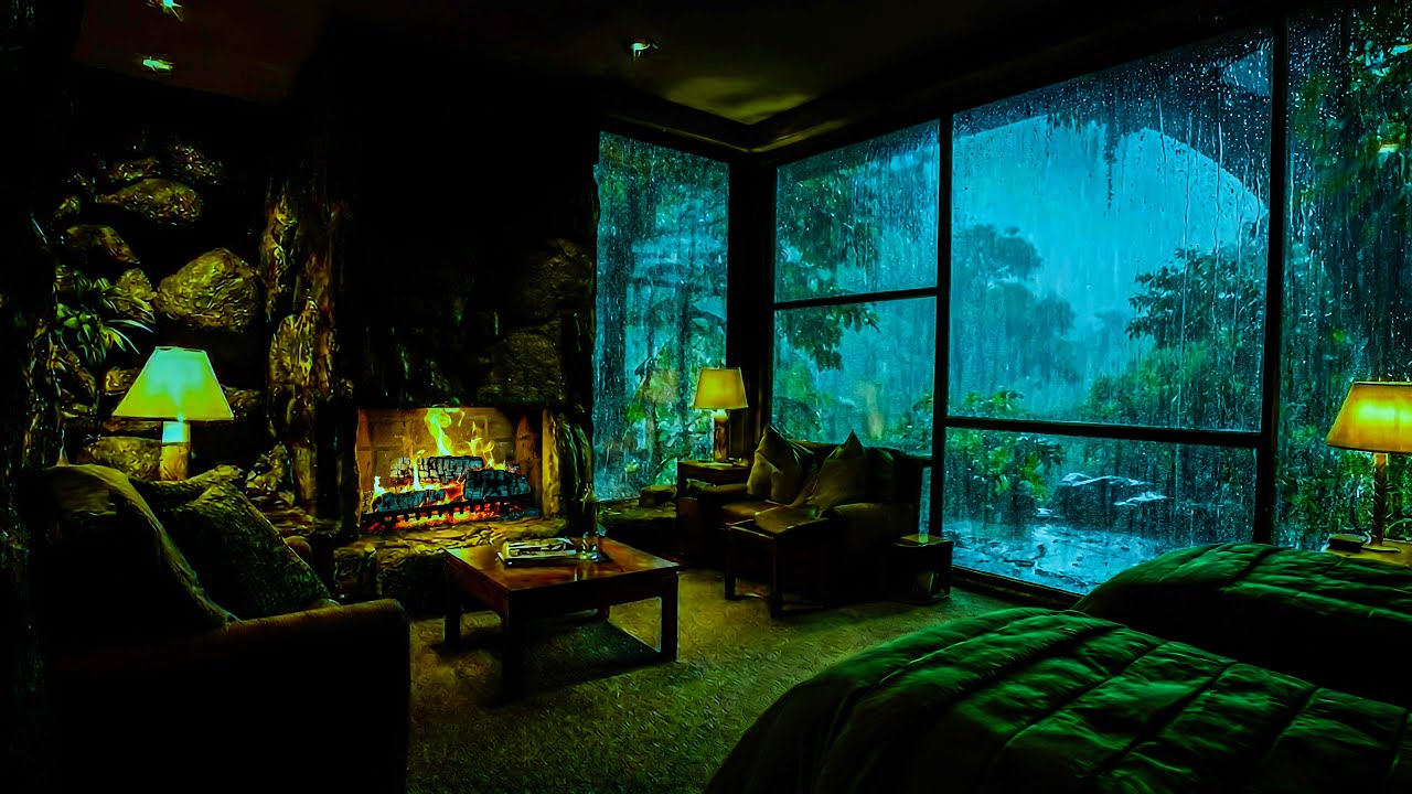 Cozy Forest Rain Sounds for Night Sleep | ASMR Gentle Rain & Crackling Fireplace in Rainy Cabin