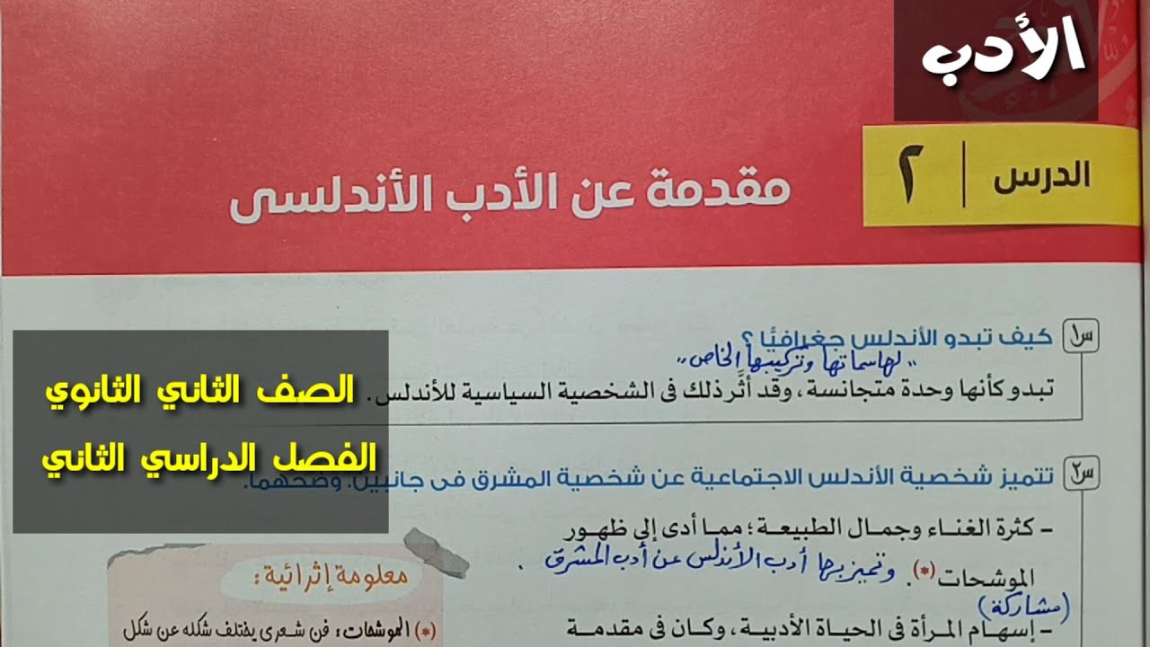 مقدمة عن الأدب الأندلسي  ـ أدب ـ الصف الثاني الثانوي / الفصل الدراسي الثاني .