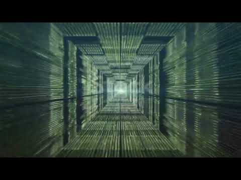 Loop flight through digital matrix tunnel with binary data on the walls. Abstract green tunnel.