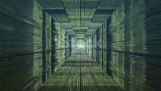 Loop flight through digital matrix tunnel with binary data on the walls. Abstract green tunnel.