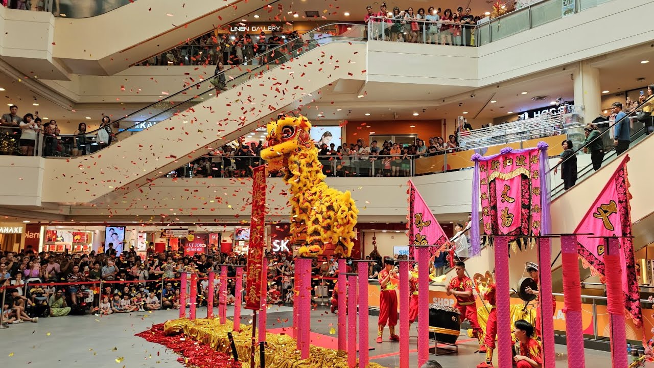 2025 lion dance on high poles at Hougang Mall