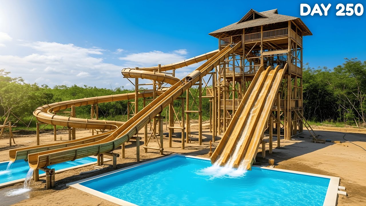 250 DAYS! I BUILT a REAL 100M BAMBOO WATER SLIDE TOWER!! (Primitive Survival Tools)