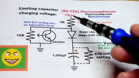 First try at setting capacitor voltage with 2N3904 NPN BJT wired as adjustable zener diode circuit