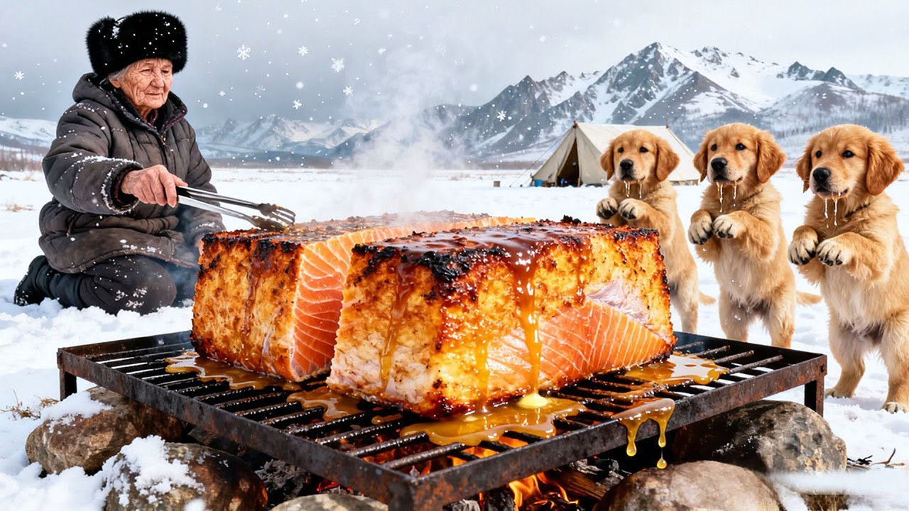 Lonely Old Woman Grills Premium Salmon for Puppies in a Blizzard | Surviving at –71°C Yakutia