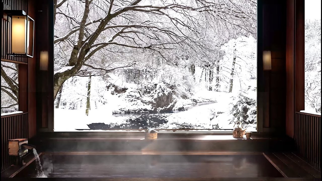 Японский онсэн в снегу со звуками воды для сна, учебы, отдыха, дзена | ASMR