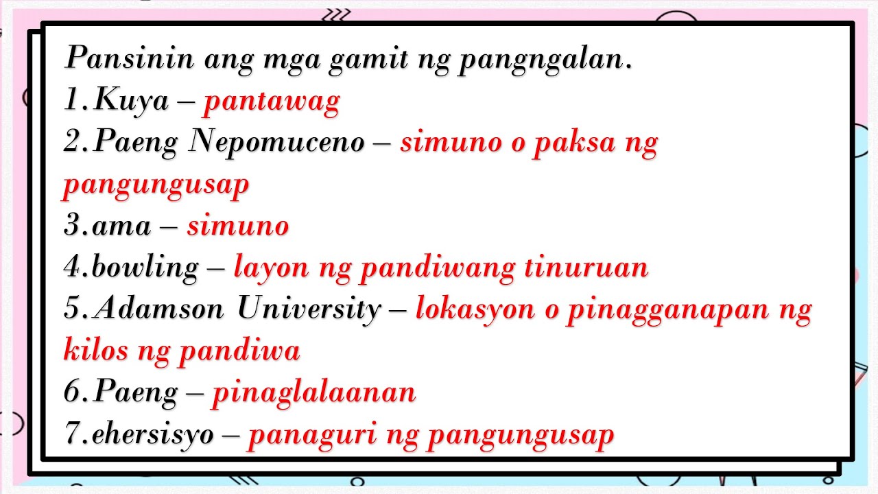 Mga Halimbawa Ng Pangungusap Gamit Ang Pangngalan Pang Katawan