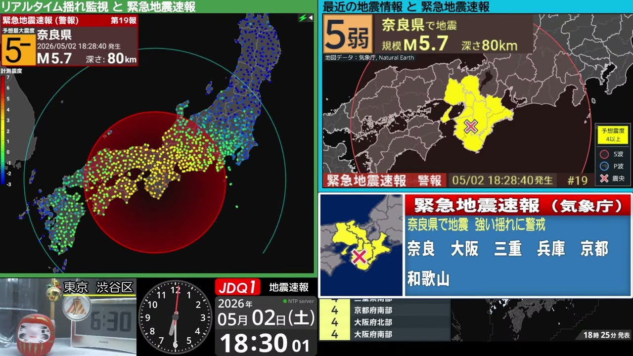 【緊急地震速報】奈良県　震度４　M5.7（2026/5/2 18:28ごろ　切り抜きアーカイブ）