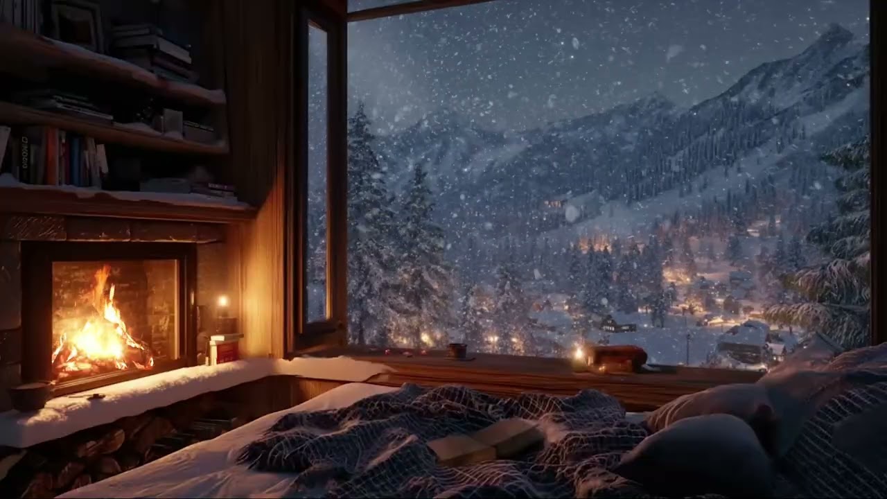 Snowstorm Window Cabin Vibes ❄️🔥 | Wind, Fire, Deep Relax Ambience