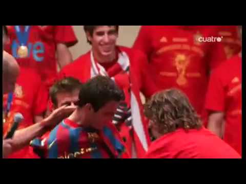 Cesc Fabregas Forced To Wear Barca/Barcelona Shirt by Piqué & Puyol at World Cup Celebration 2010