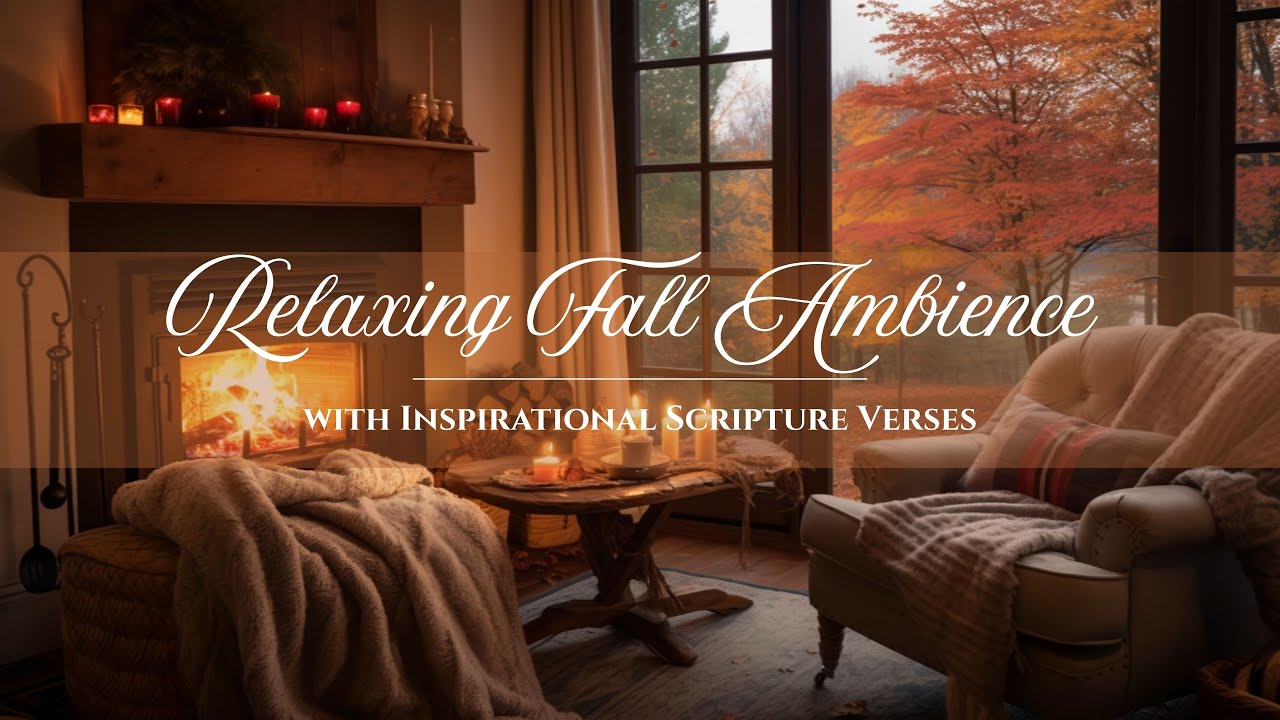 Cozy Fall Fireplace Ambience 🍂 Piano Music, Crackling Fire & Bible Verses | 4K Autumn Screensaver