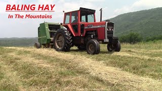 Baling Hay In The Mountains  Massey Ferguson 1105 & John Deere 335