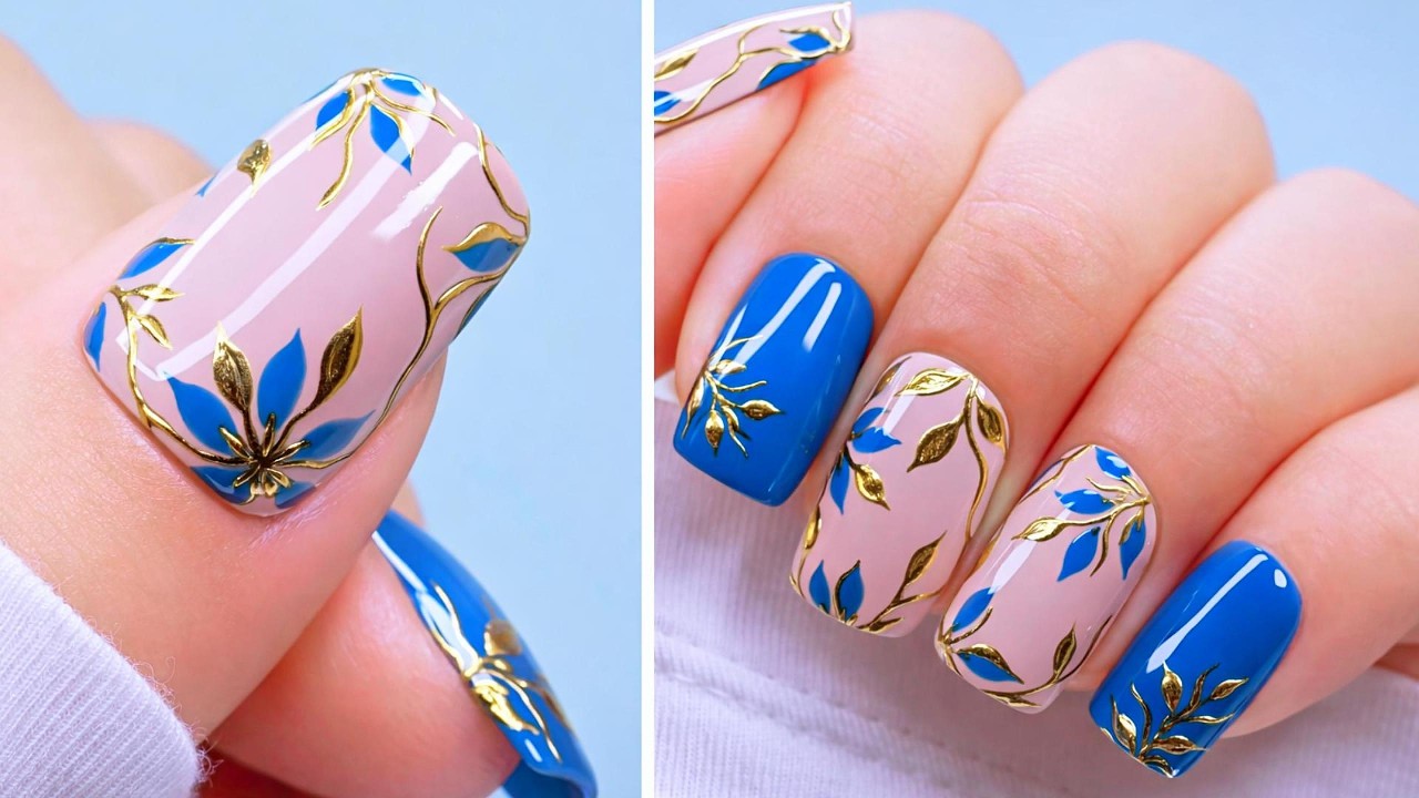 Elegant Blue & Gold Floral Nails That Look So Expensive 💅✨ | Beautiful Easy Nail Art Designs