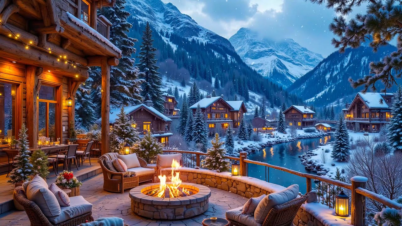 Relaxing Winter Ambience at Cozy Fireside Porch 🔥 Soothing Piano Music ...
