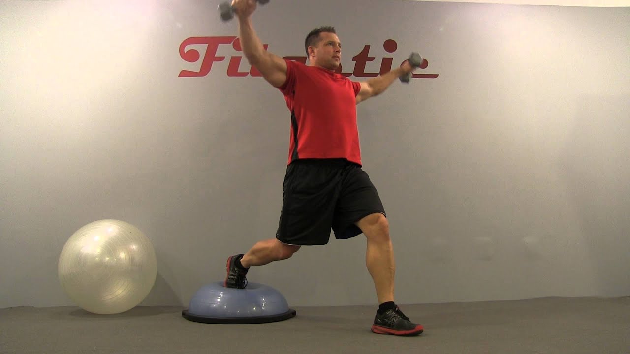 Bosu Ball Rear Leg Dumbbell Lunge to Top Side Shoulder Raise - YouTube