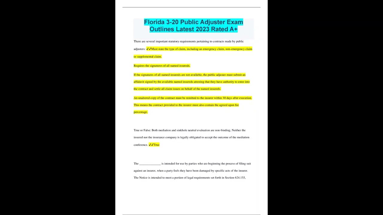 Florida 3-20 Public Adjuster Exam Outlines Latest 2023 Rated A+