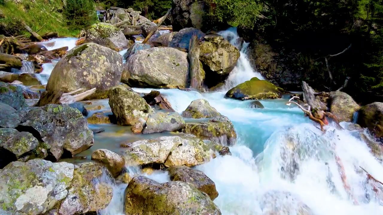 Relaxing Turquoise Mountain Stream. Nature Sounds, No Birds. 10 Hours, White Noise for Seeping.