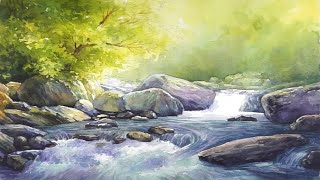 Watercolor landscape painting - Waterfall forest