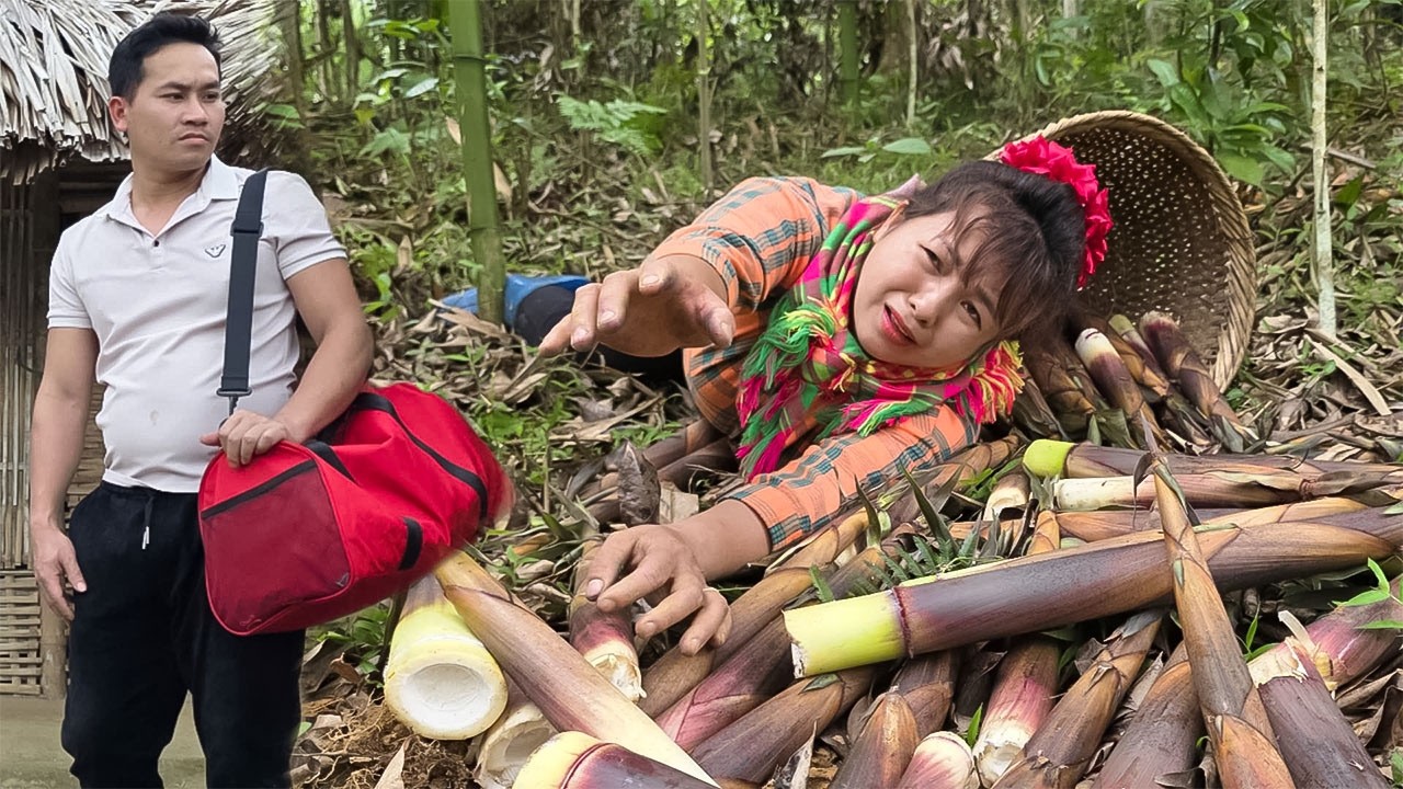 Nga went into the forest to look for bamboo shoots to earn extra income ...