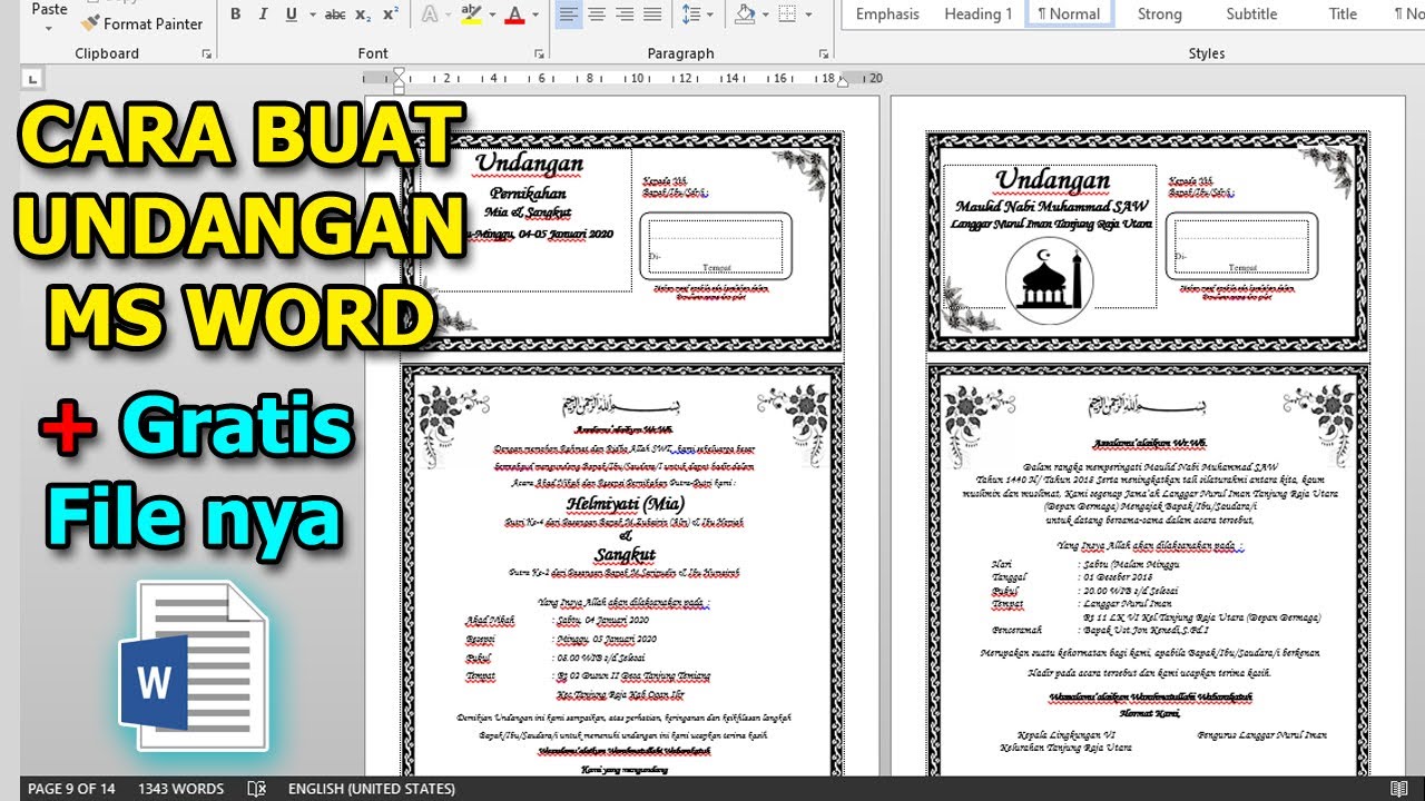 Cara Buat Undangan Ms Word Pernikahan Tahlilan Yasinan Syukuran Sunatan Format Undangan Youtube