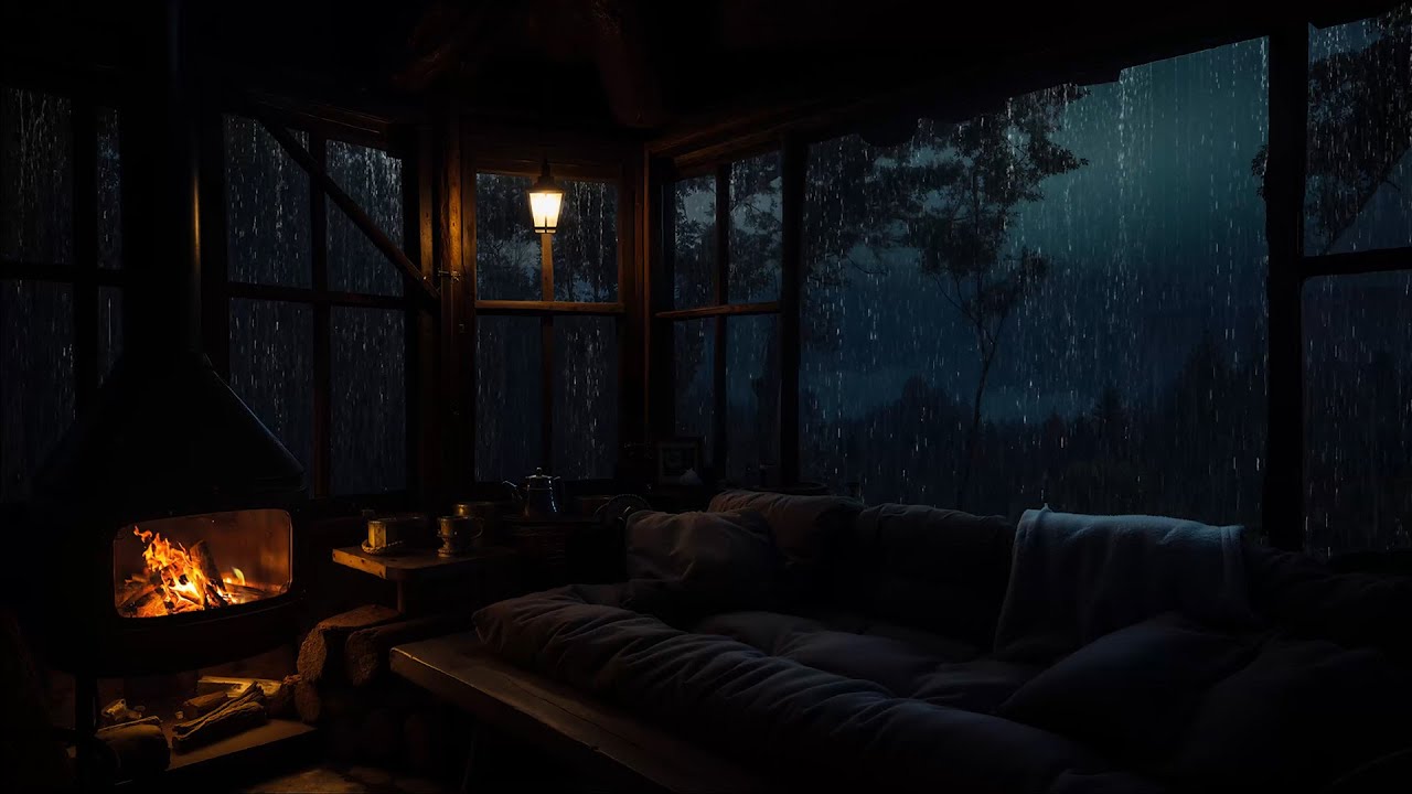Forest Cabin in the Rain at Night | Crackling Fire & Rain for Sleeping ...